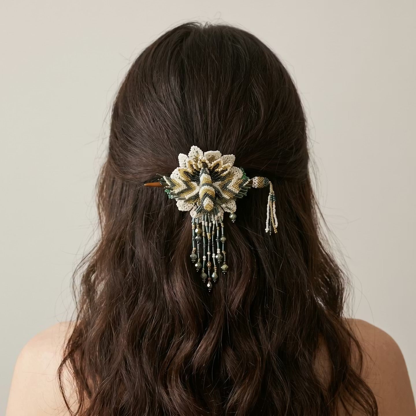 Maple Blossom Hummingbird Beaded Hair Stick Barrette White