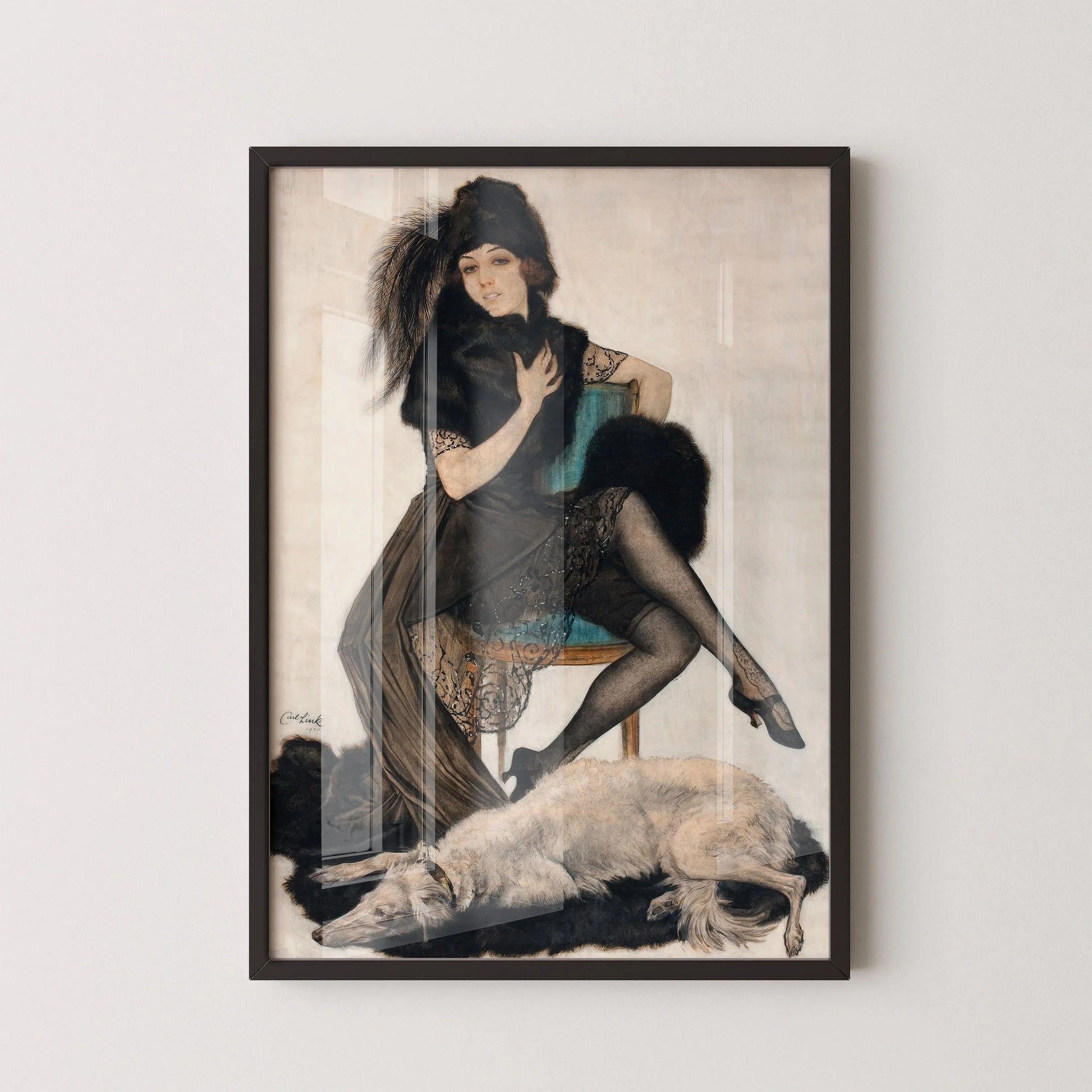 Estampe glamour des années 1920 : Carl Link, Élégance en fourrure et dentelle