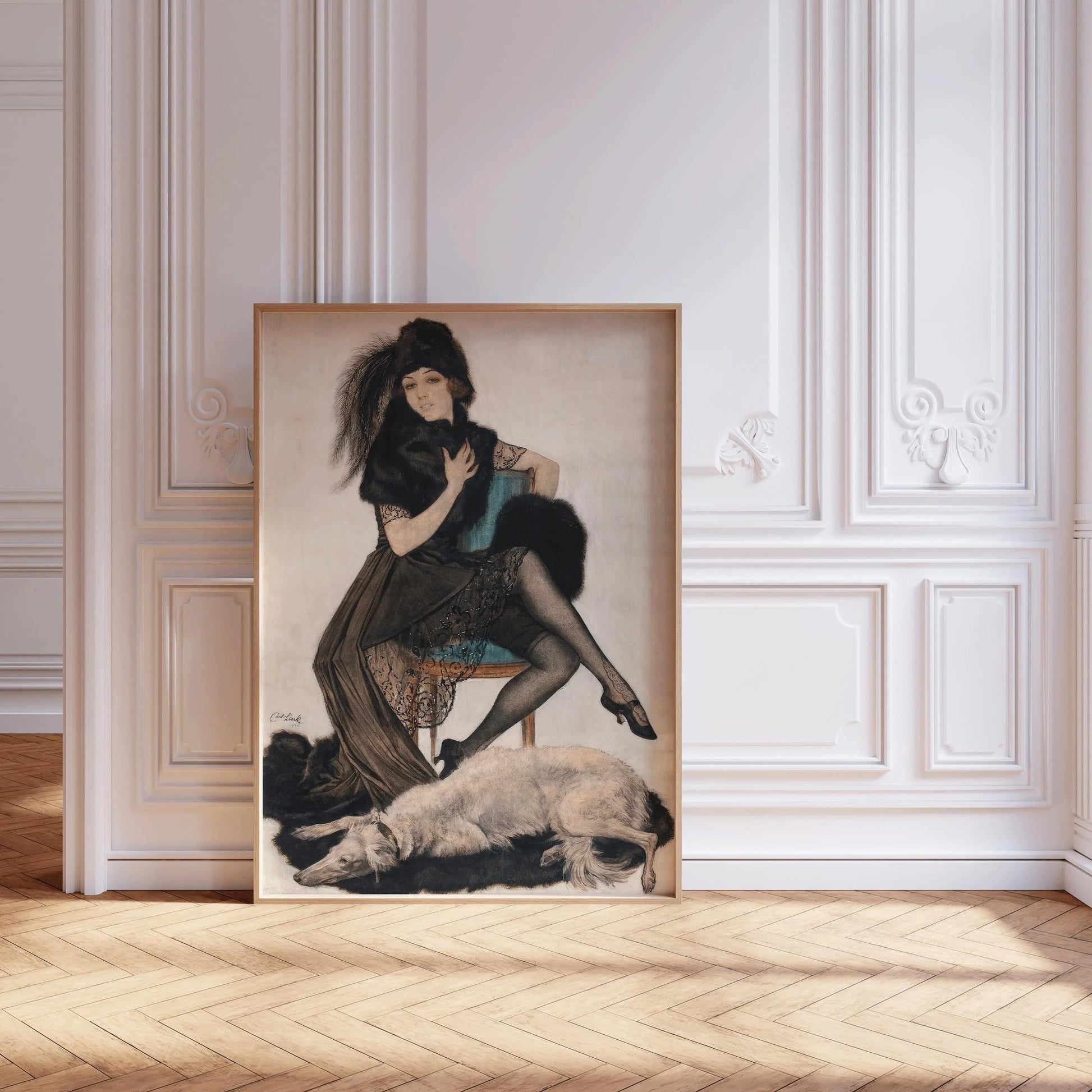Estampe glamour des années 1920 : Carl Link, Élégance en fourrure et dentelle