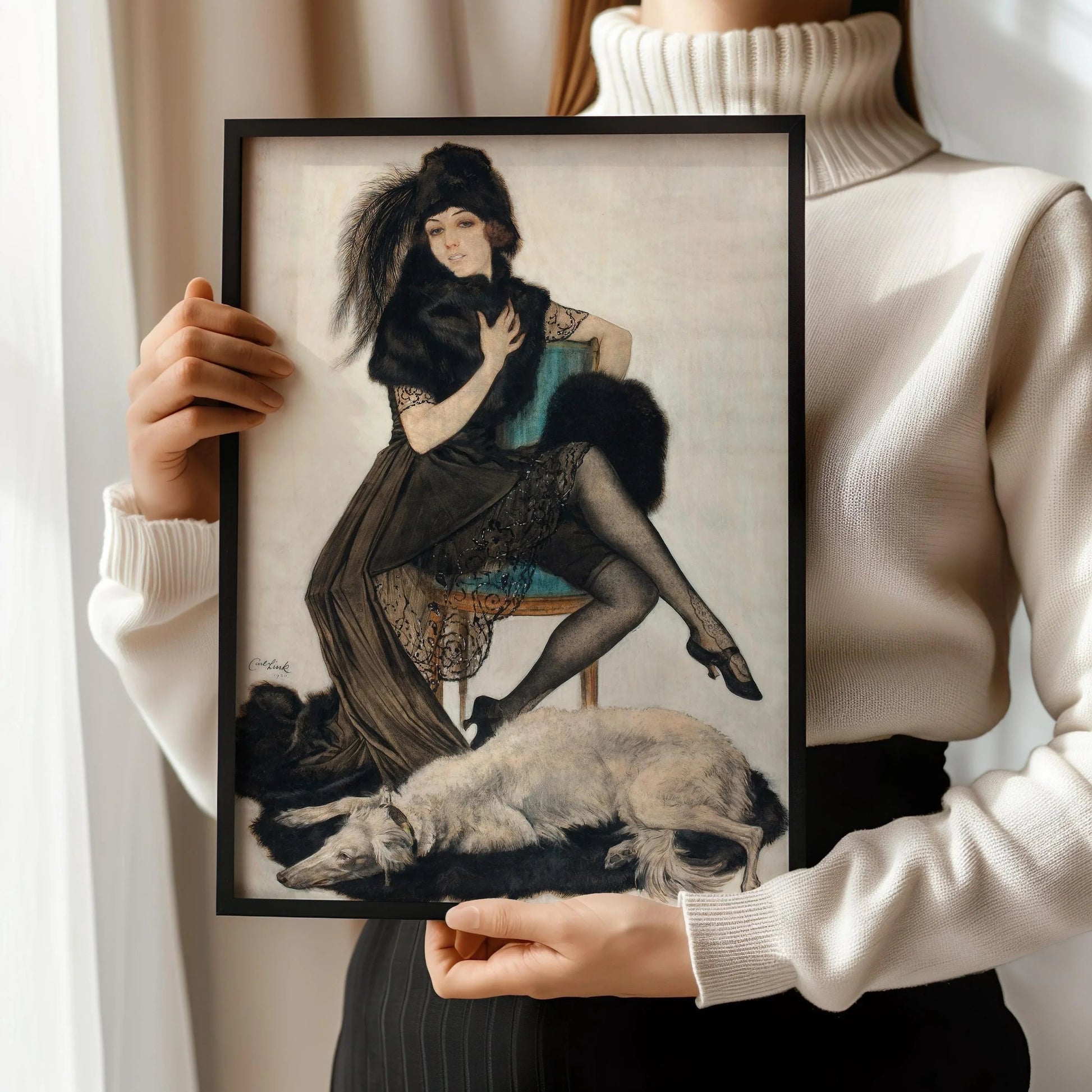 Estampe glamour des années 1920 : Carl Link, Élégance en fourrure et dentelle
