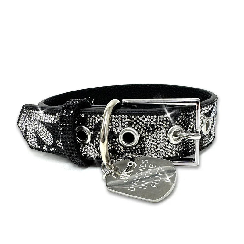 Luxury Black Floral Print Dog Collar – Silver Hardware | Soft Vegan Leather, Adjustable Sizes