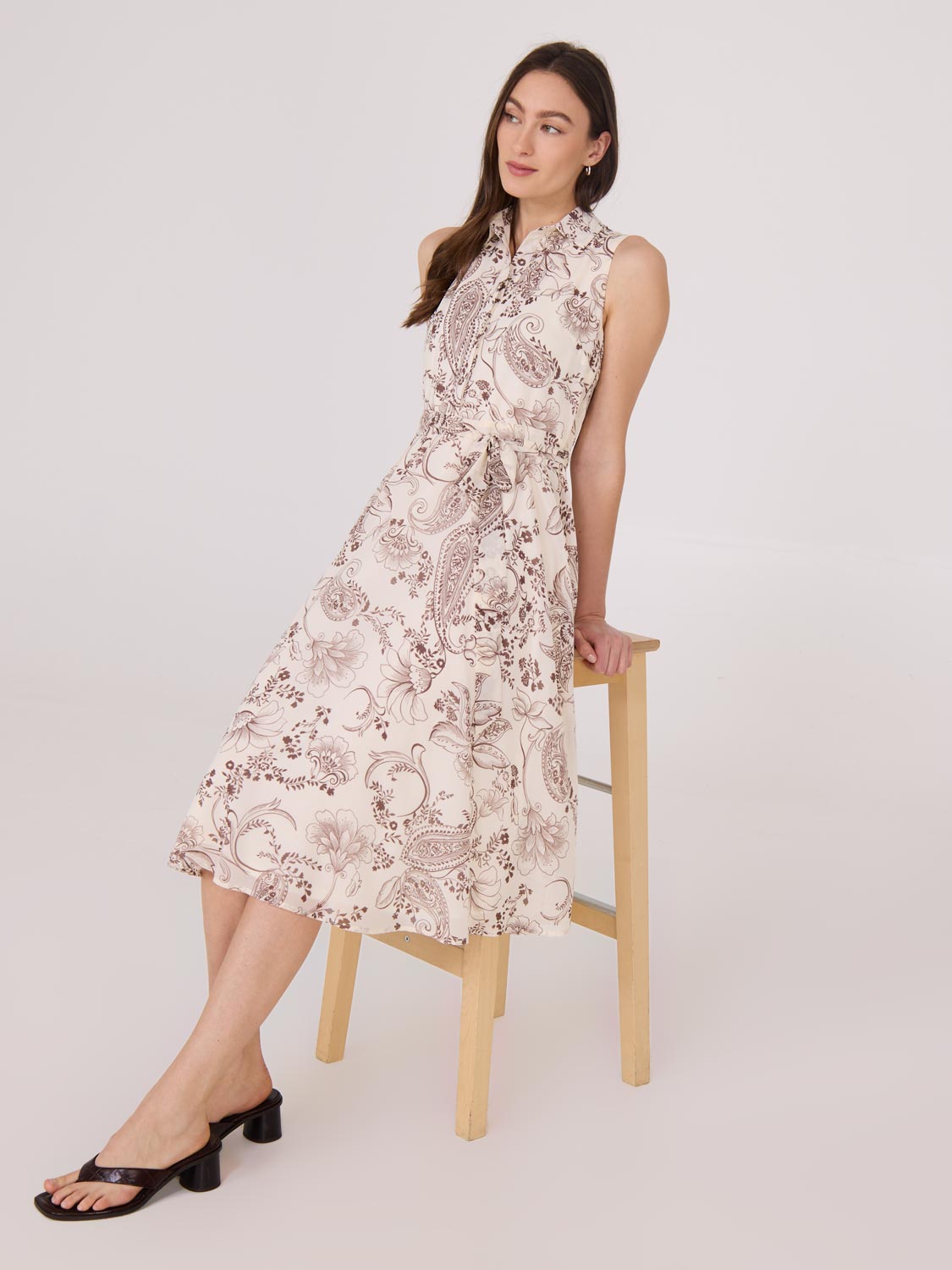 Robe midi imprimée en mousseline sans manches