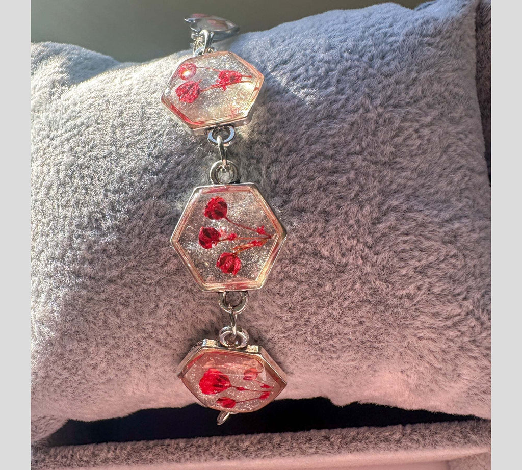 Red Floral Silver Hexagon Handmade Trio Bracelet with Dried Flowers
