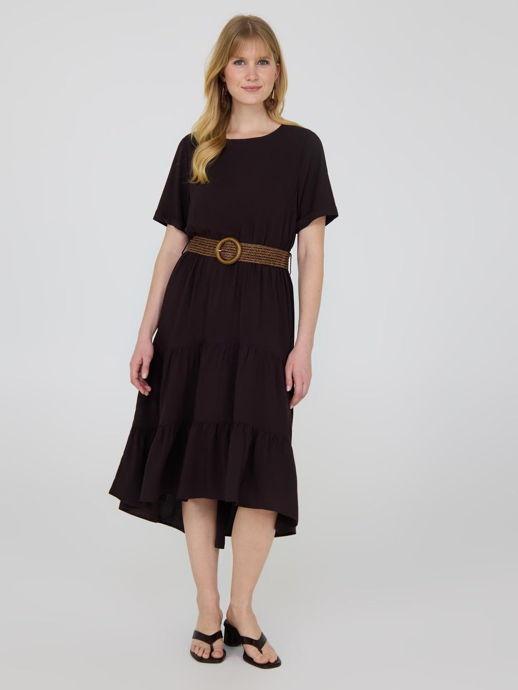 Short Sleeve Tiered Midi Dress