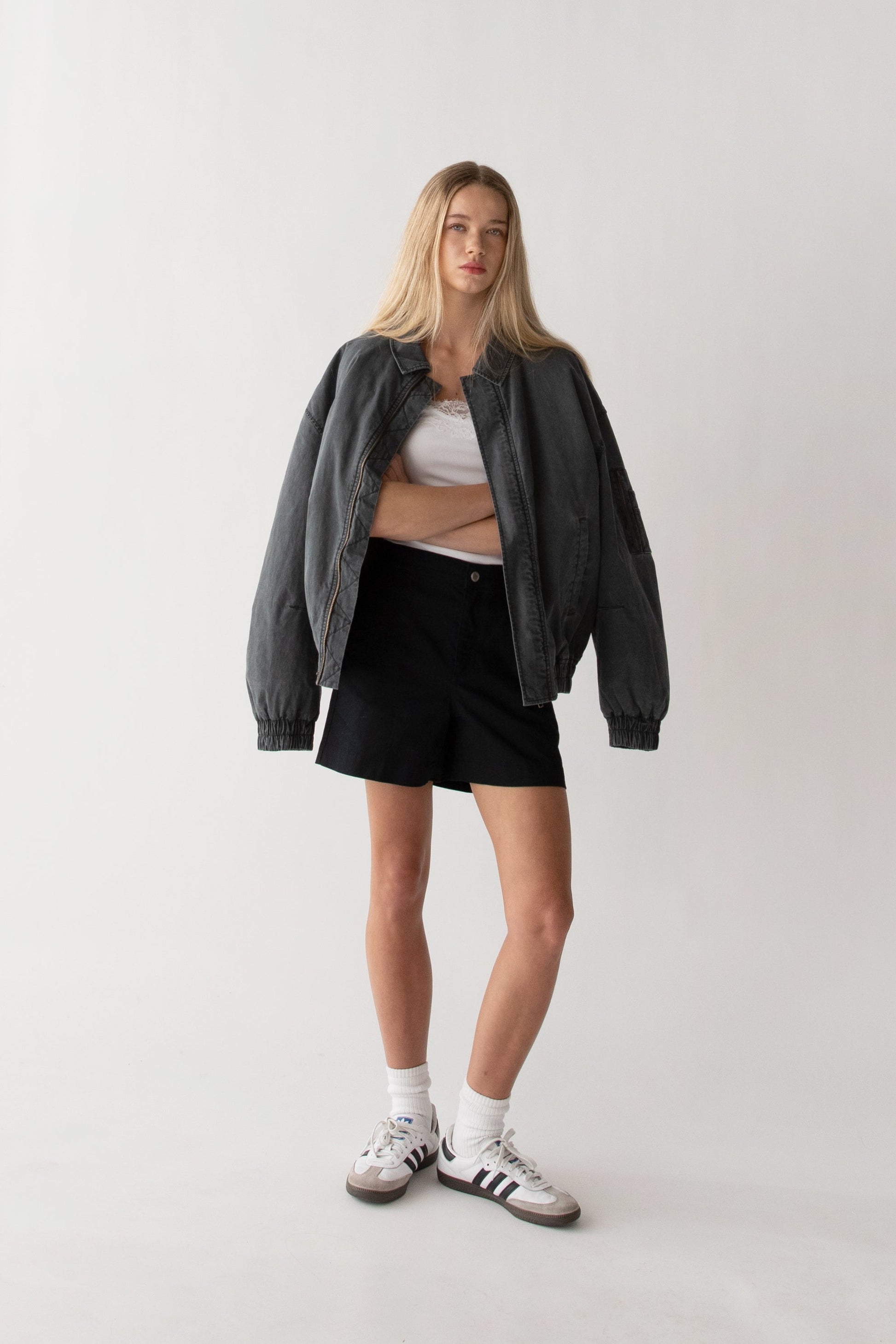 WASHED EFFECT COTTON UTILITY BOMBER JACKET