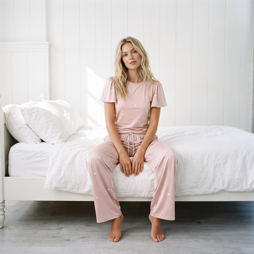 Heartfull PJ – Silky Printed Pajama Set 2PC In Blush Hearts