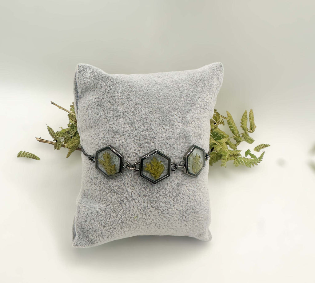 Black Forest: Black Hexagon Handmade Trio Bracelet with Dried Botanicals