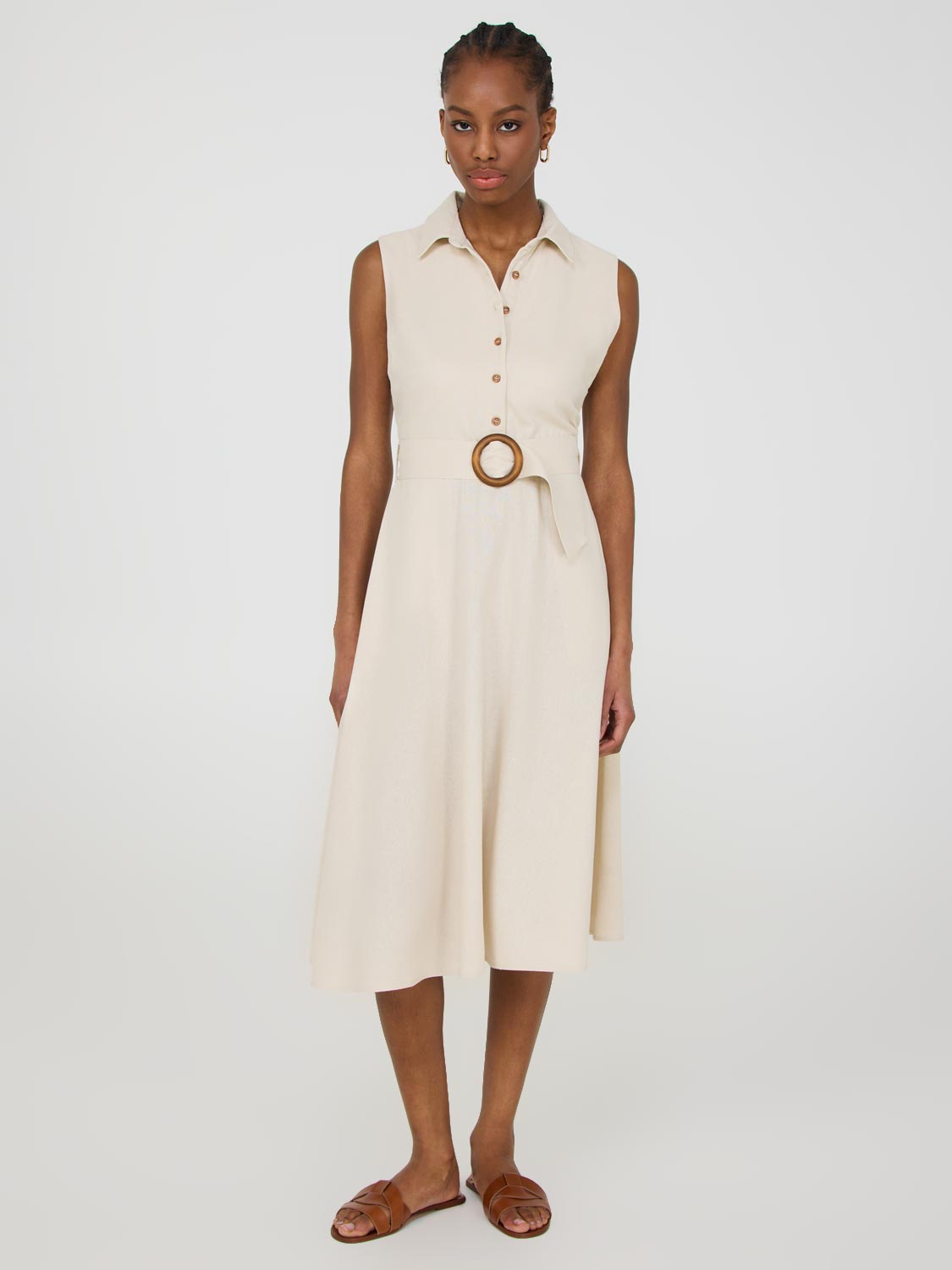 Robe midi boutonnée en lin sans manches