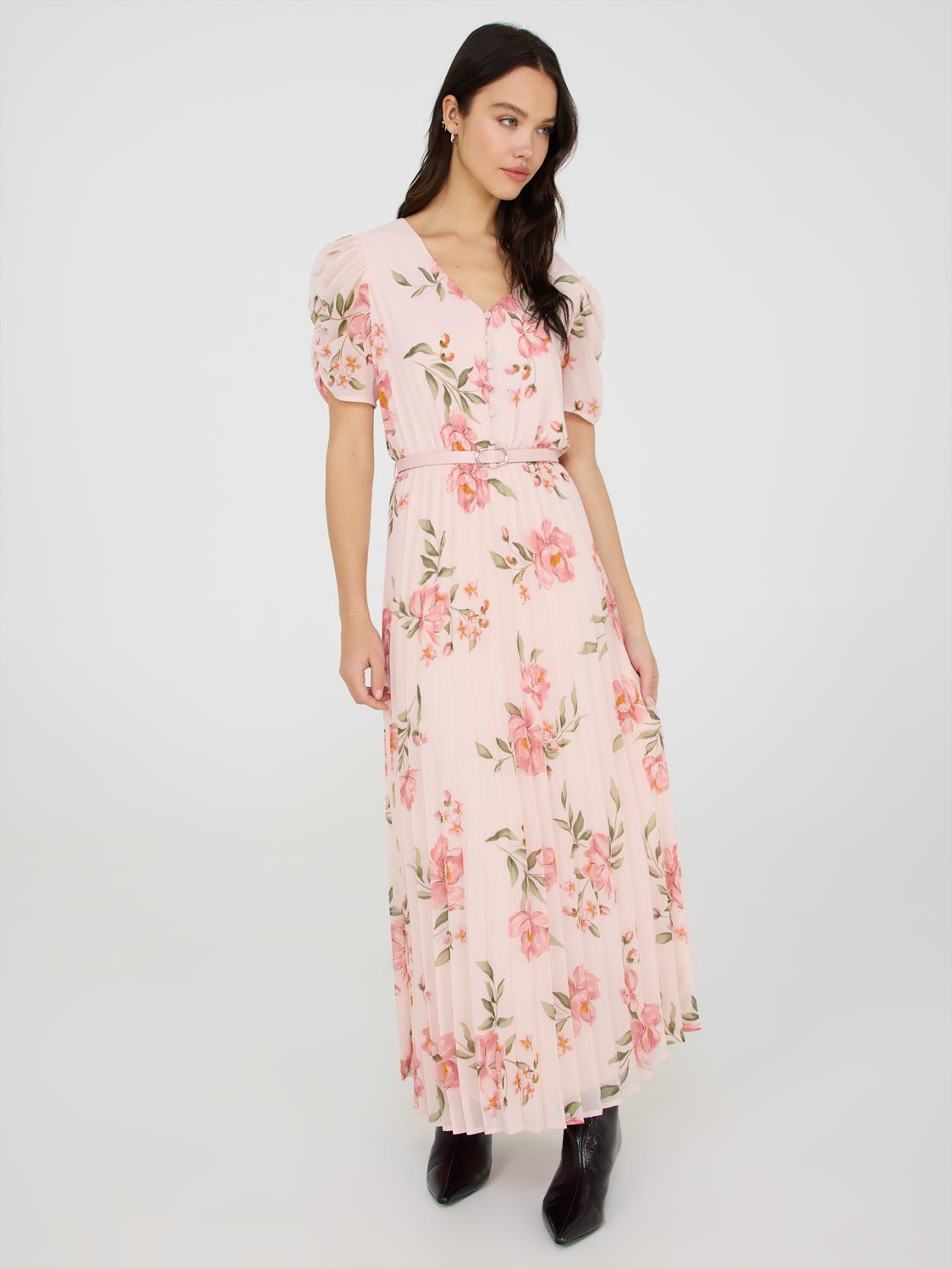 Robe midi plissée à col en V imprimée
