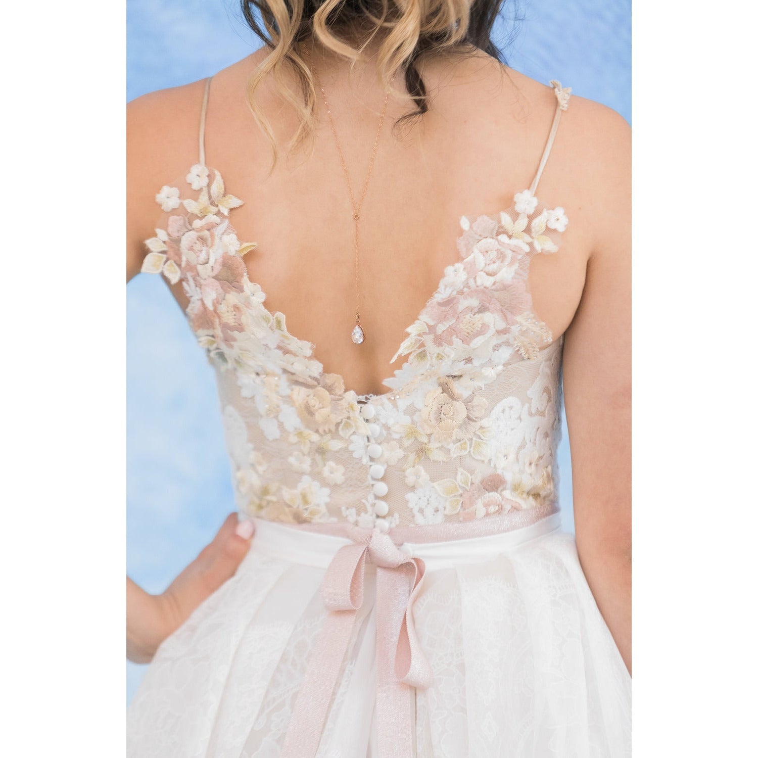 long back drop necklace for v neck bridal gowns