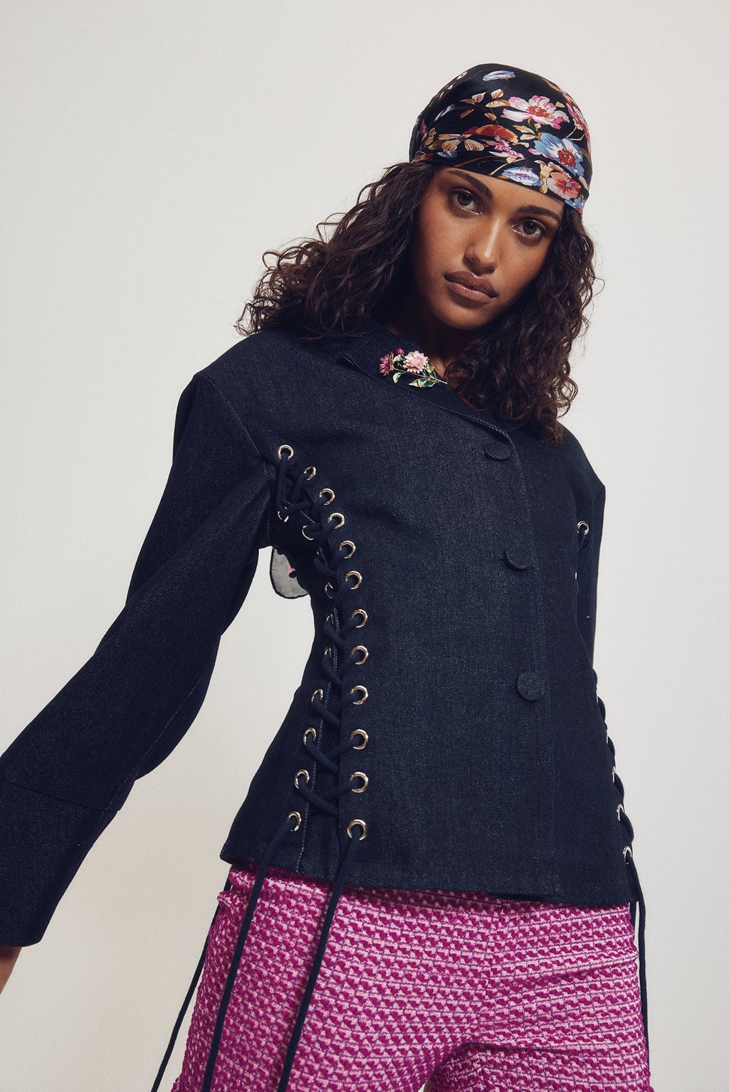 Lace Up Exaggerated Sleeve Denim Jacket