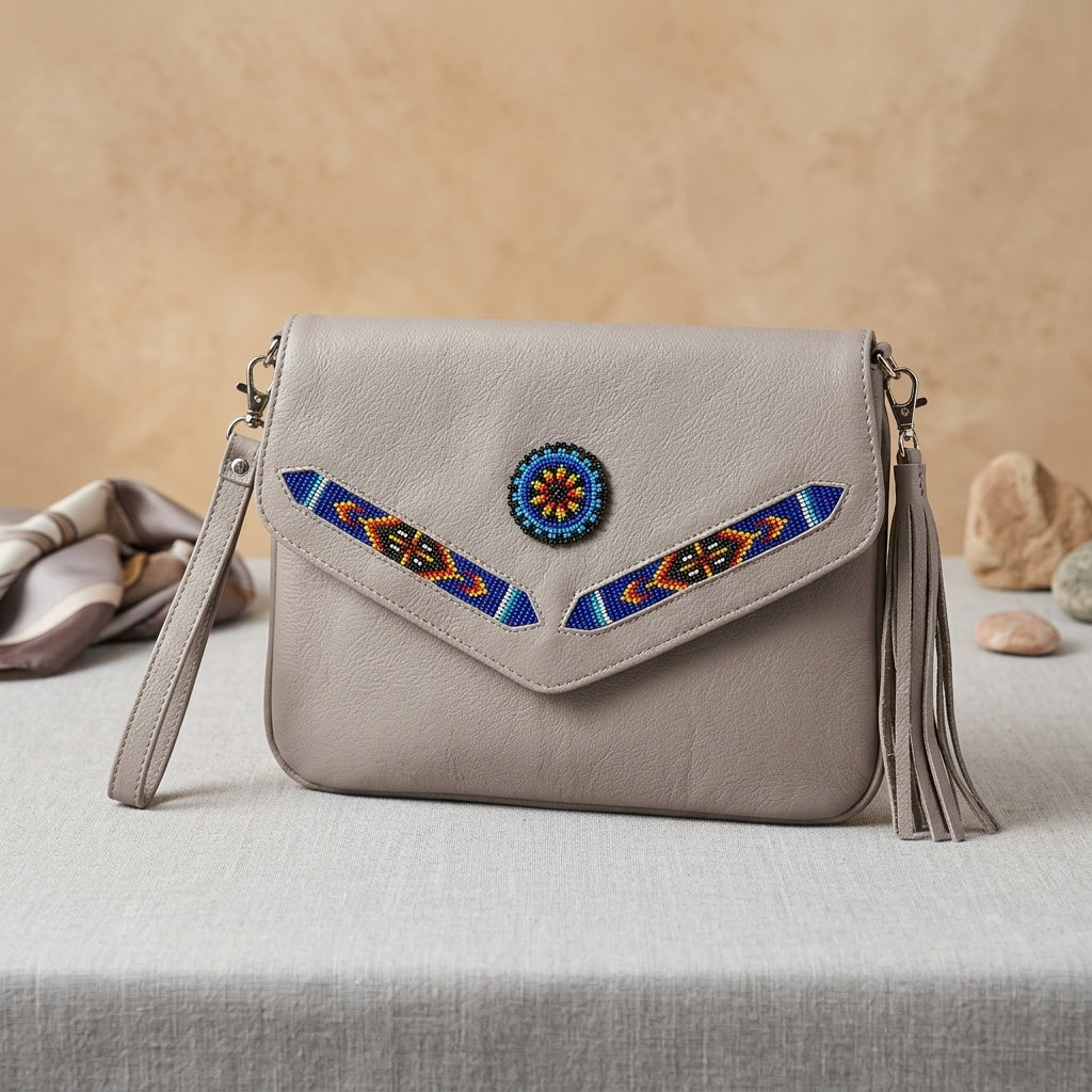Leather beaded Crossbody bag(Beige)