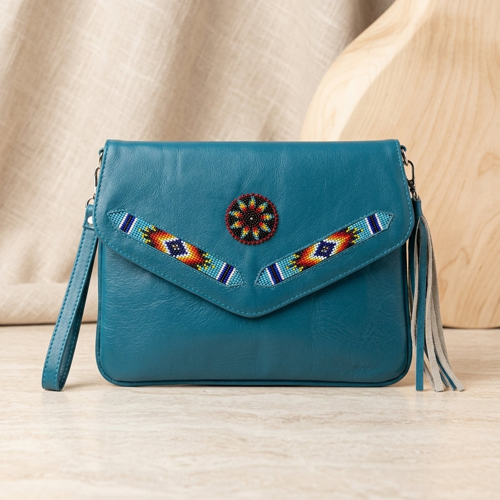 Leather beaded Crossbody bag(Turquoise )