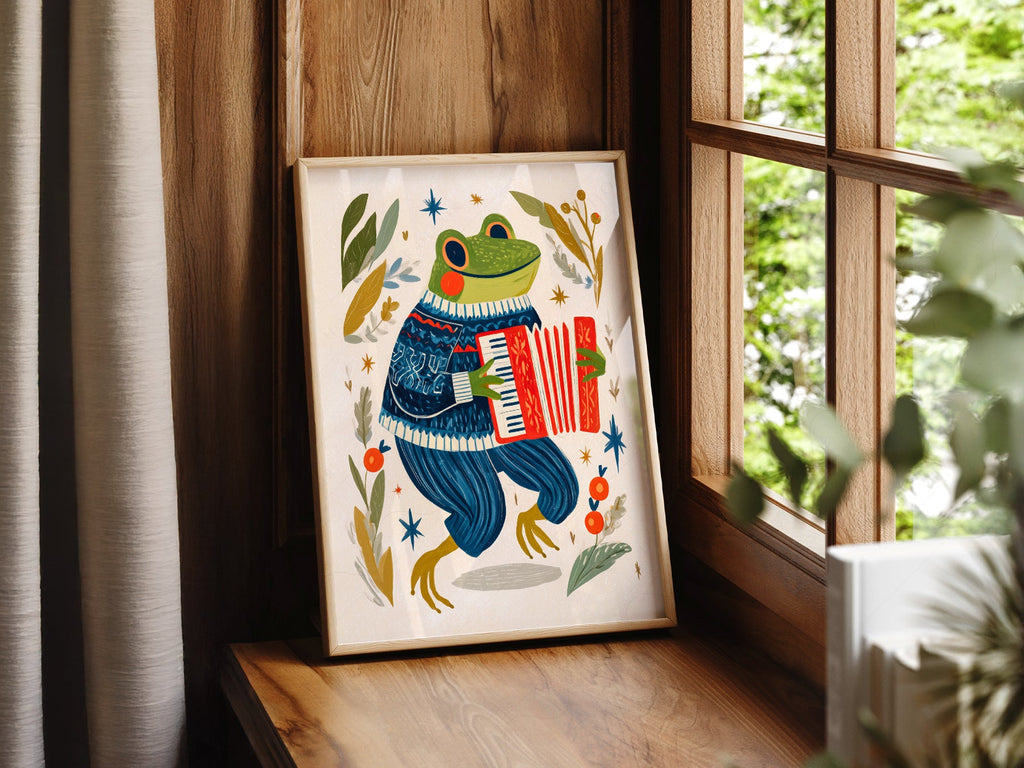 Accordion Frog Nursery Art Print – Whimsical Kids Room Wall Decor