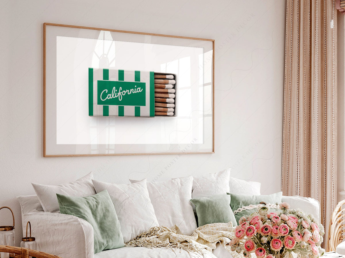 California Vintage Matchbox Art Print – Retro Green Stripe Wall Decor