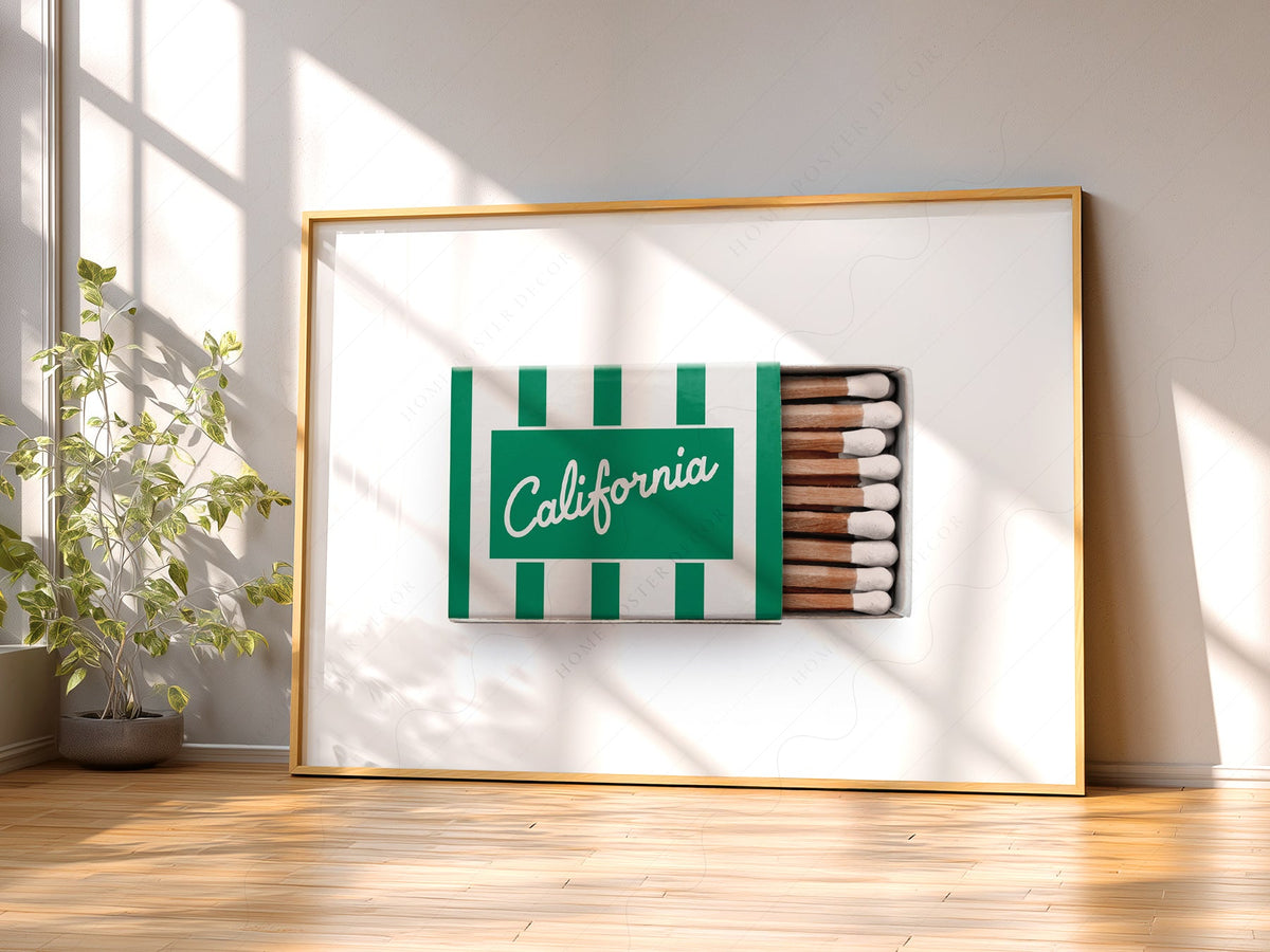 California Vintage Matchbox Art Print – Retro Green Stripe Wall Decor