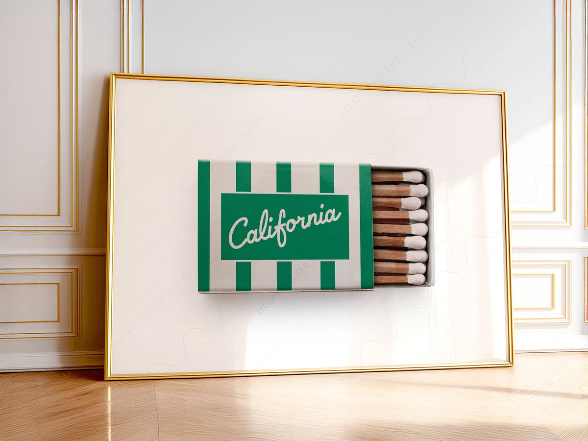 California Vintage Matchbox Art Print – Retro Green Stripe Wall Decor