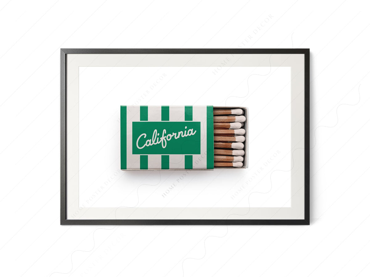 California Vintage Matchbox Art Print – Retro Green Stripe Wall Decor