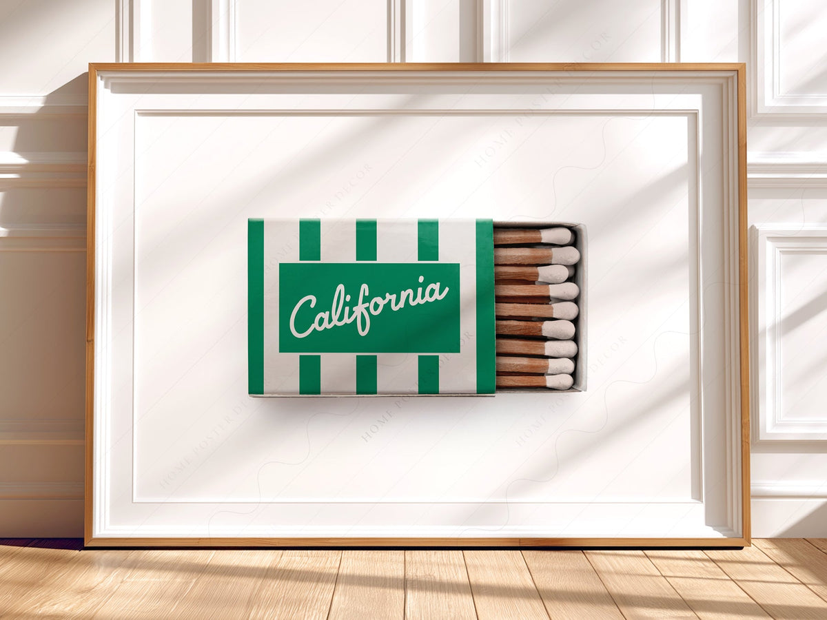 California Vintage Matchbox Art Print – Retro Green Stripe Wall Decor
