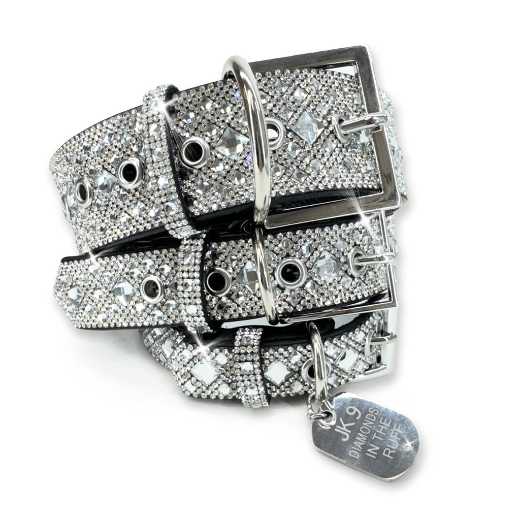 Collier de luxe pour chien imprimé argent – ​​Ferrures argentées | Cuir vegan souple, tailles ajustables