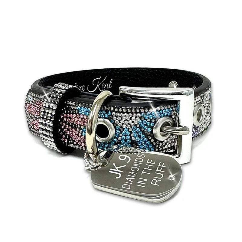 Luxury Hematite Floral Print Dog Collar – Silver Hardware | Soft Vegan Leather, Adjustable Sizes