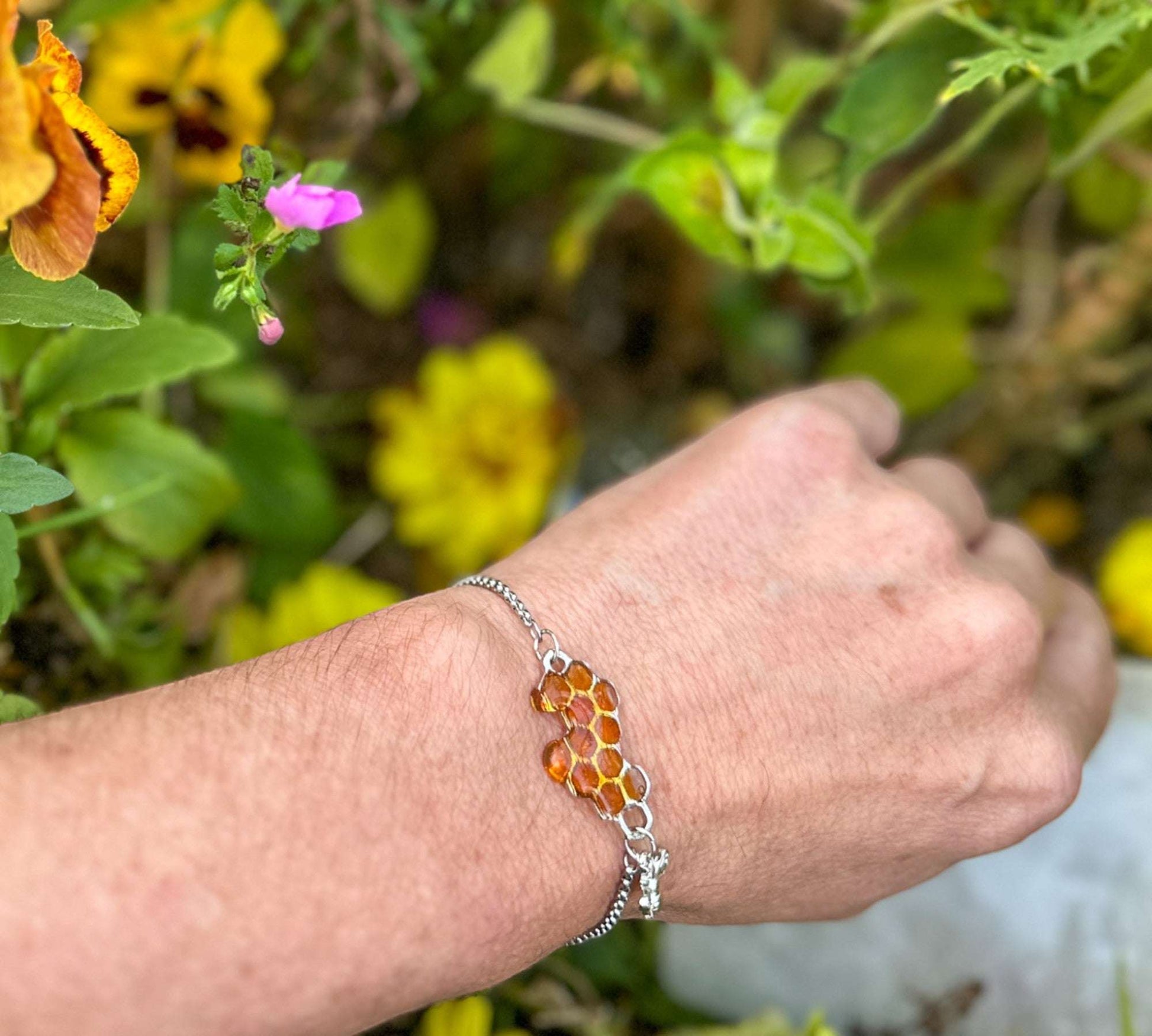 Dripping Honey Bee Bracelet - Handmade Silver Honeycomb & Bee Charm
