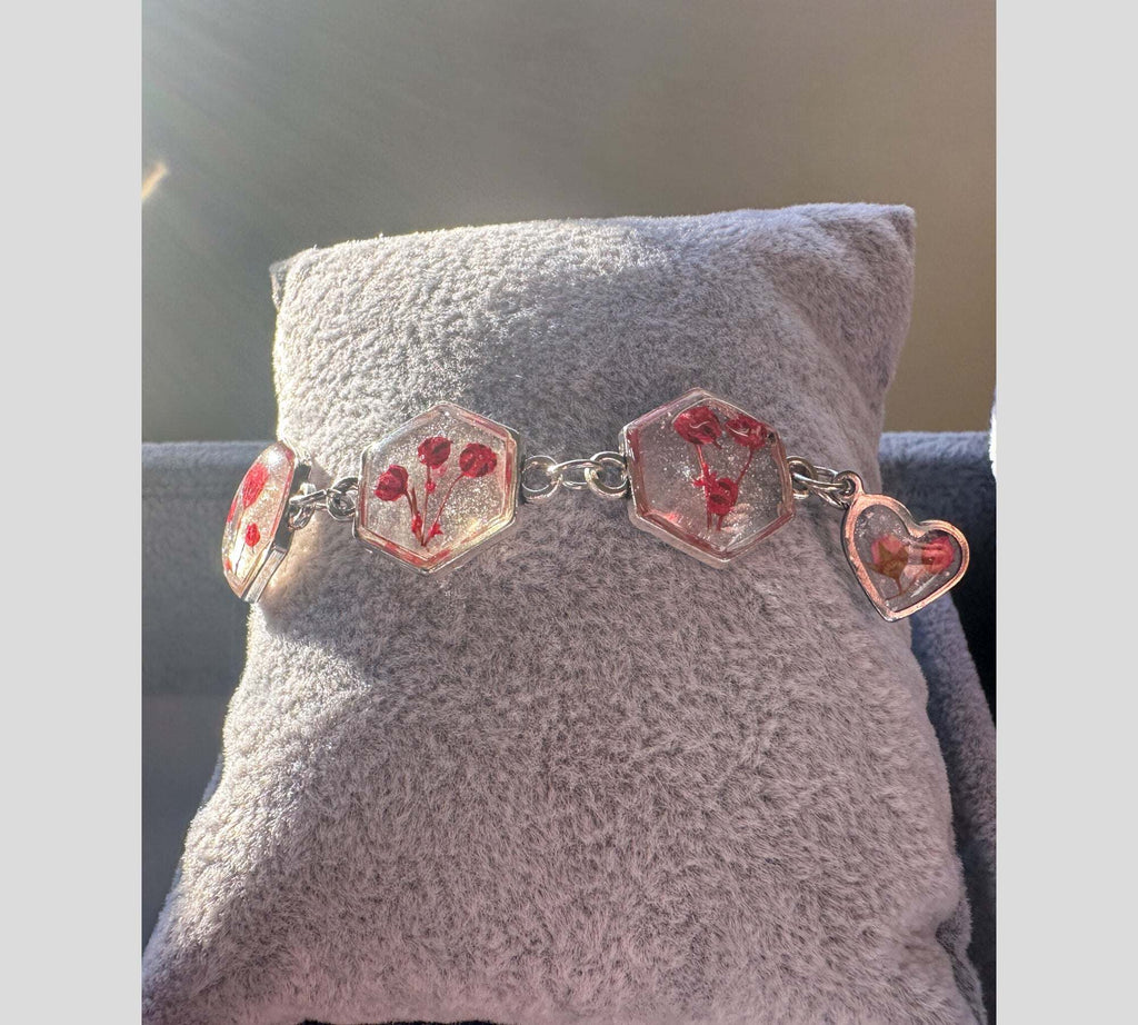 Red Floral Silver Hexagon Handmade Trio Bracelet with Dried Flowers