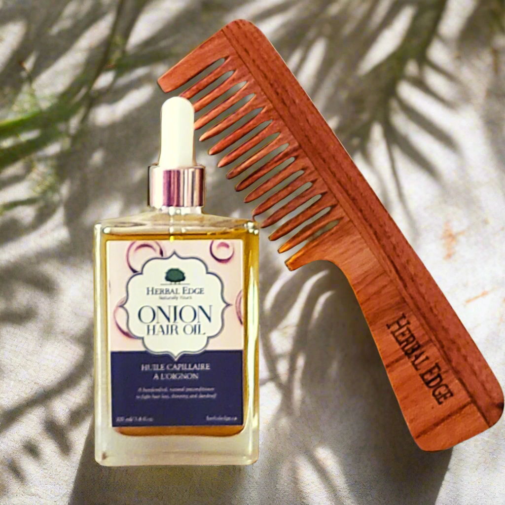 Combinaison d'huile capillaire à l'oignon et de peigne en bois de neem