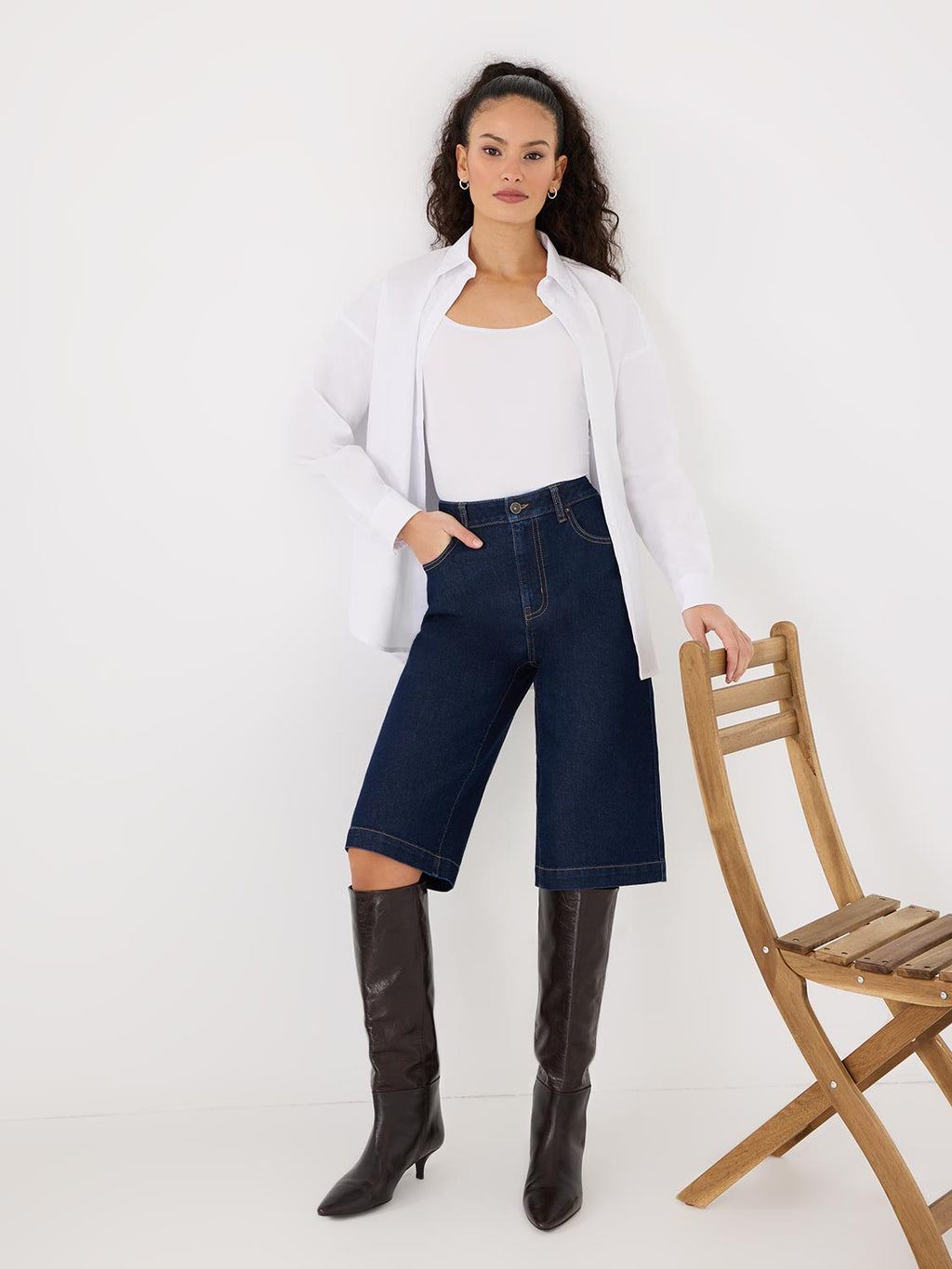 Wide-Leg Denim Bermuda Shorts