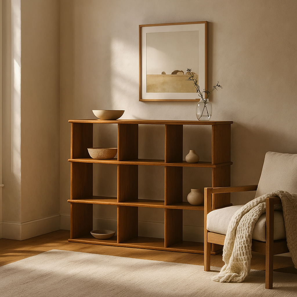 Nine cube bookshelf in red oak