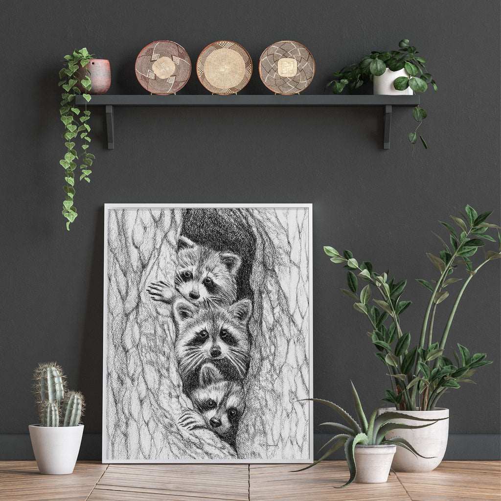 3 Raccoons in a tree - animal art print