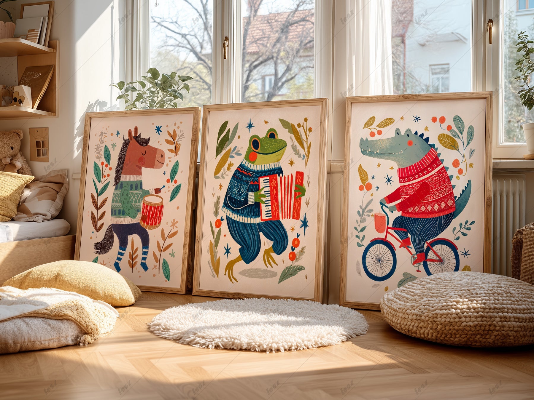 Whimsical Animal Nursery Art Set of 3 – Folk Style Kids Wall Decor Prints