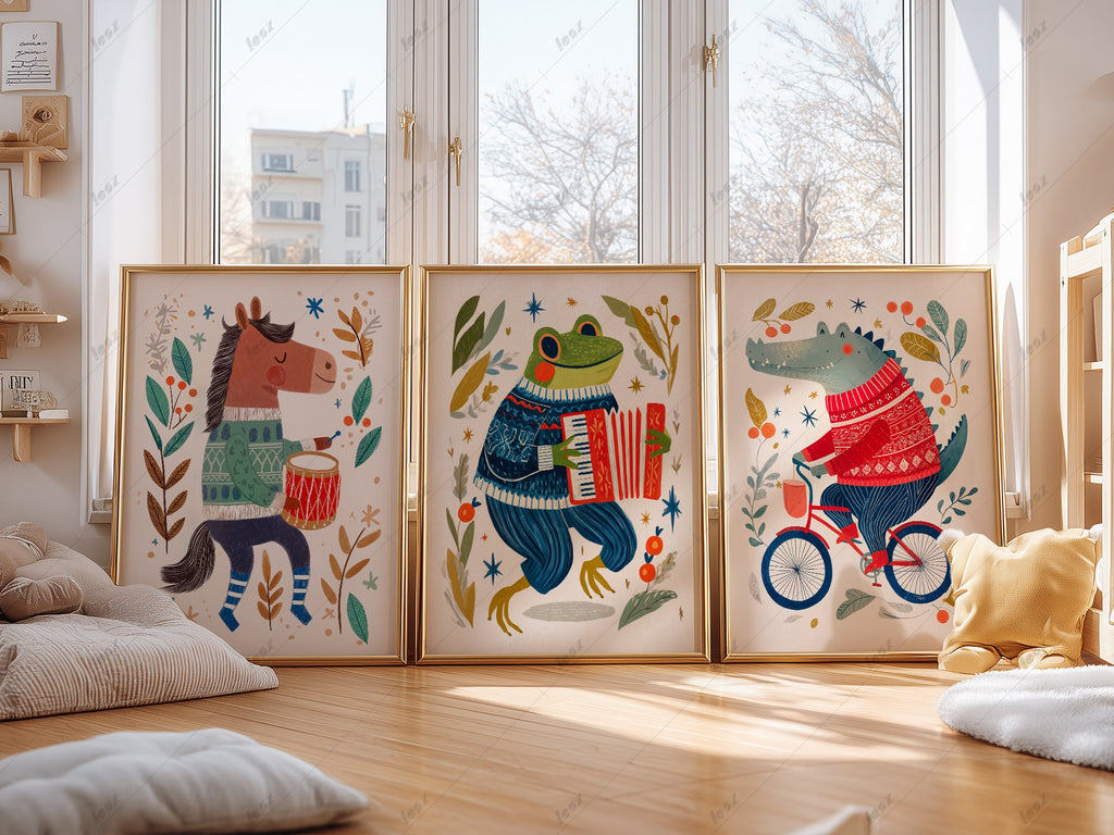 Whimsical Animal Nursery Art Set of 3 – Folk Style Kids Wall Decor Prints
