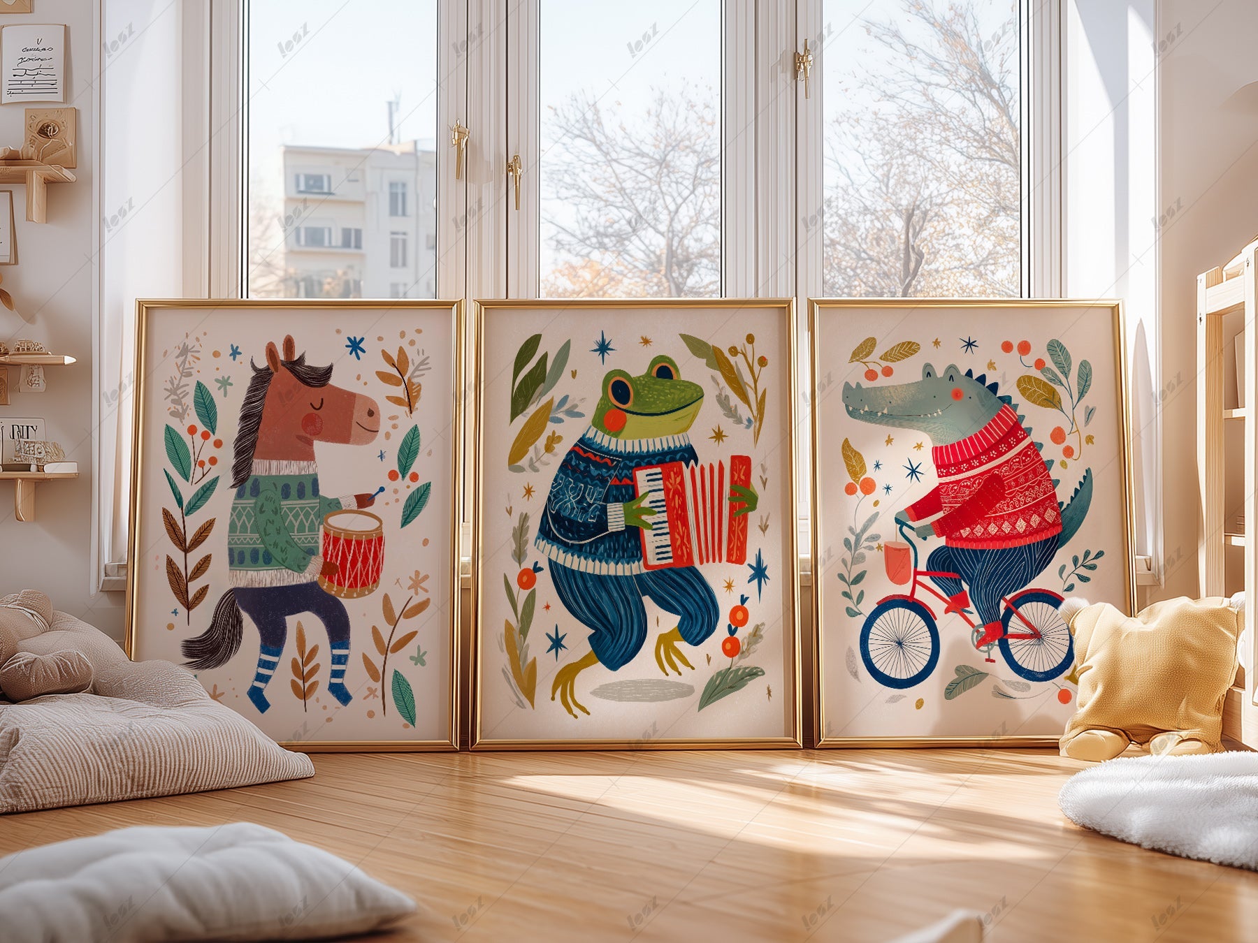 Whimsical Animal Nursery Art Set of 3 – Folk Style Kids Wall Decor Prints