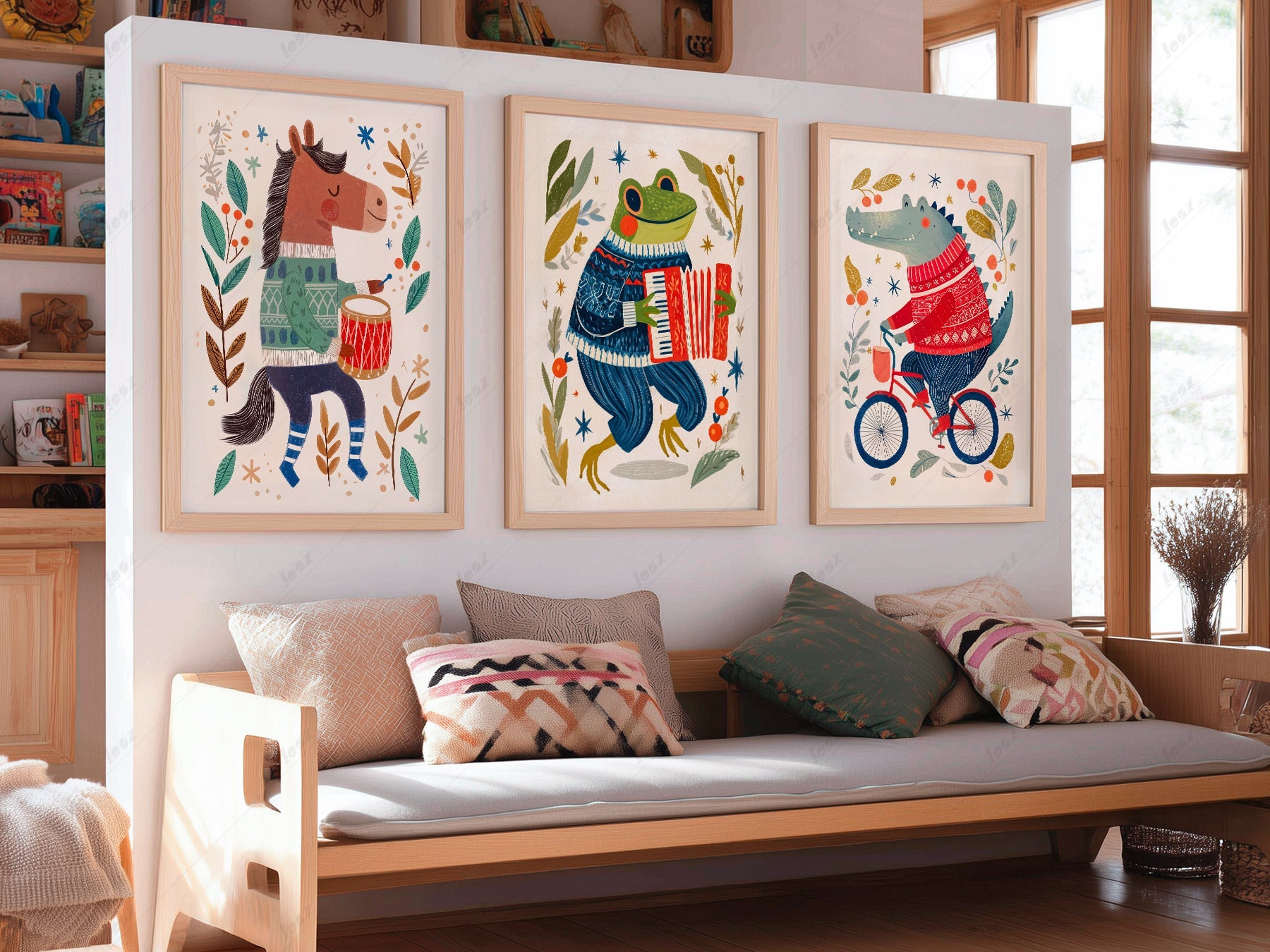 Whimsical Animal Nursery Art Set of 3 – Folk Style Kids Wall Decor Prints