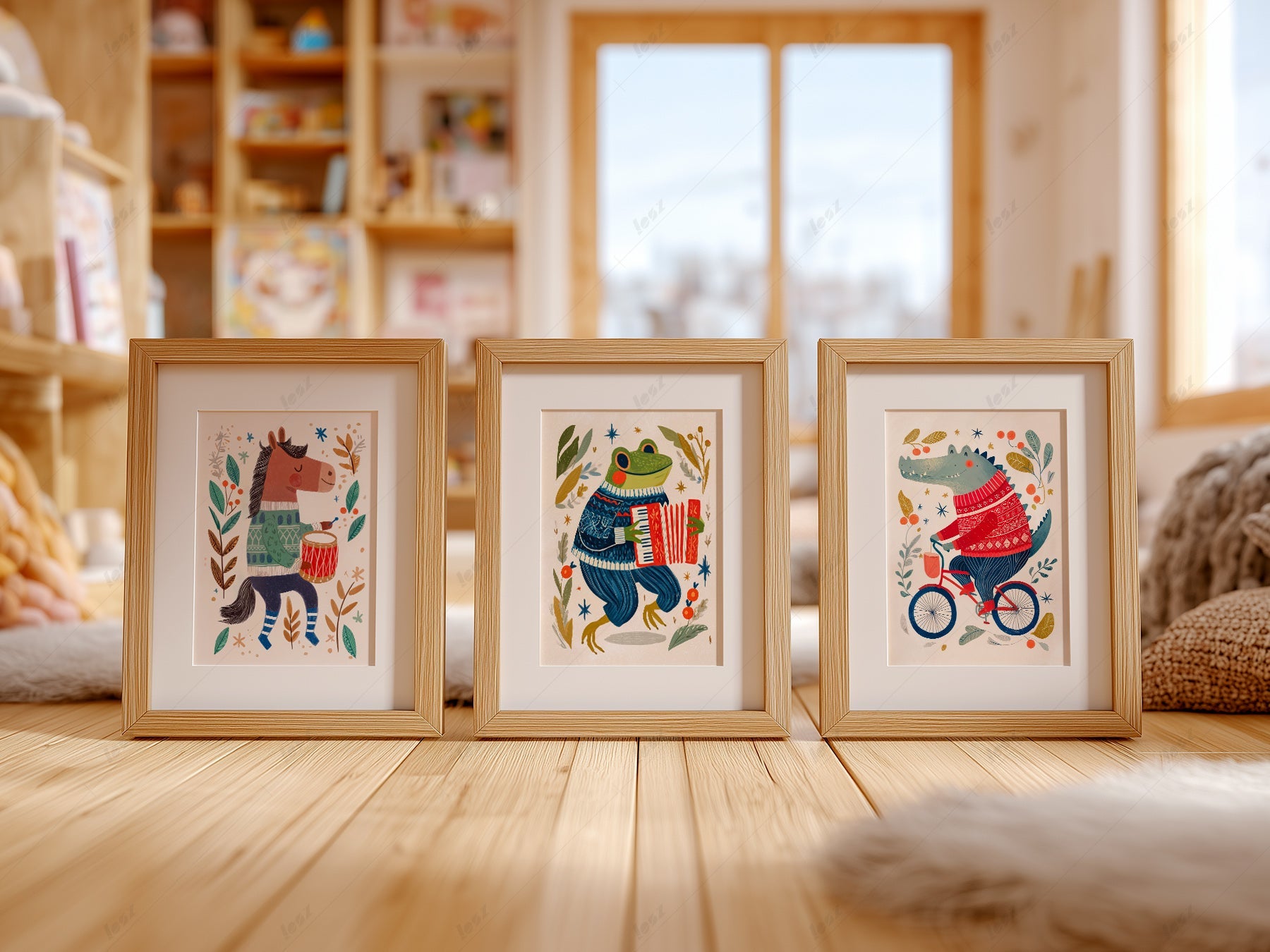 Whimsical Animal Nursery Art Set of 3 – Folk Style Kids Wall Decor Prints