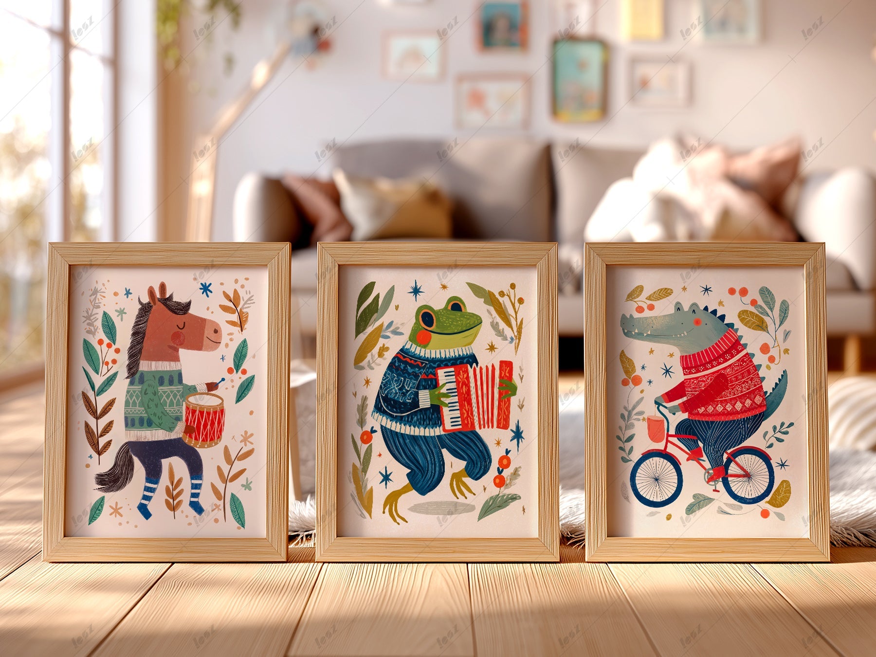 Whimsical Animal Nursery Art Set of 3 – Folk Style Kids Wall Decor Prints