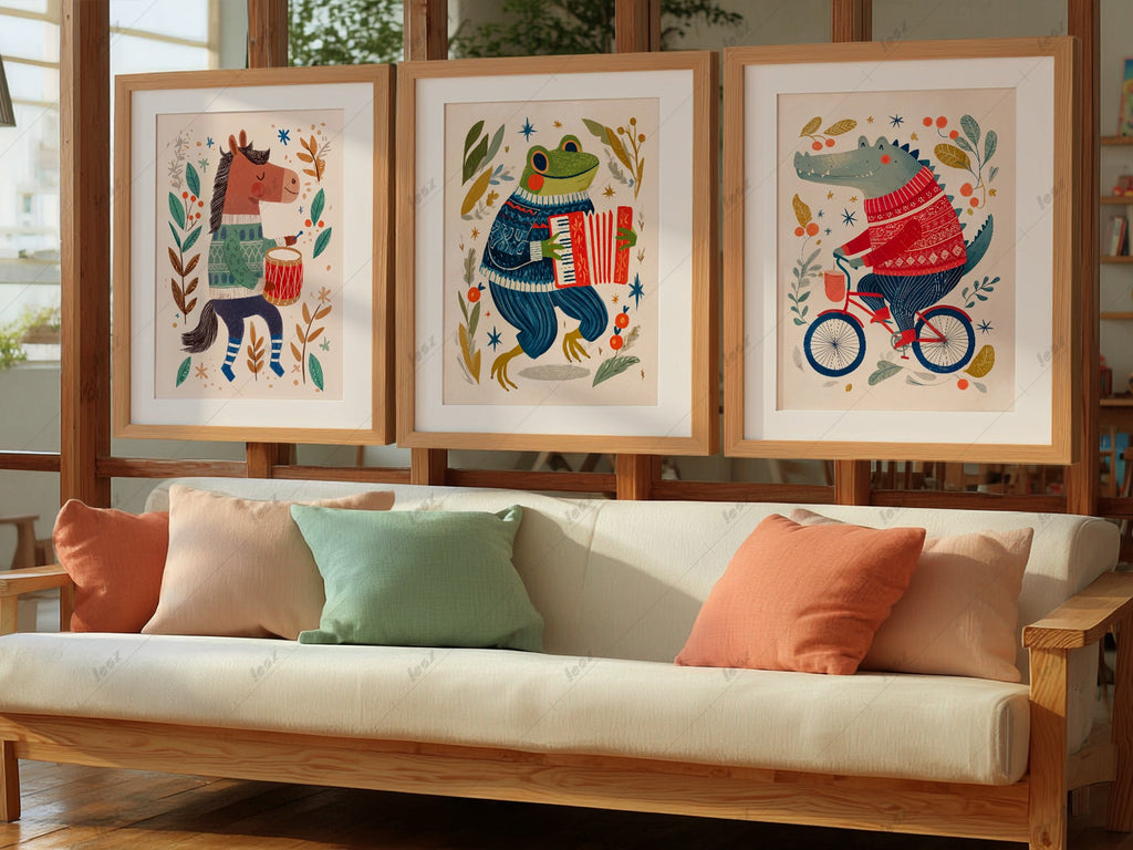Whimsical Animal Nursery Art Set of 3 – Folk Style Kids Wall Decor Prints