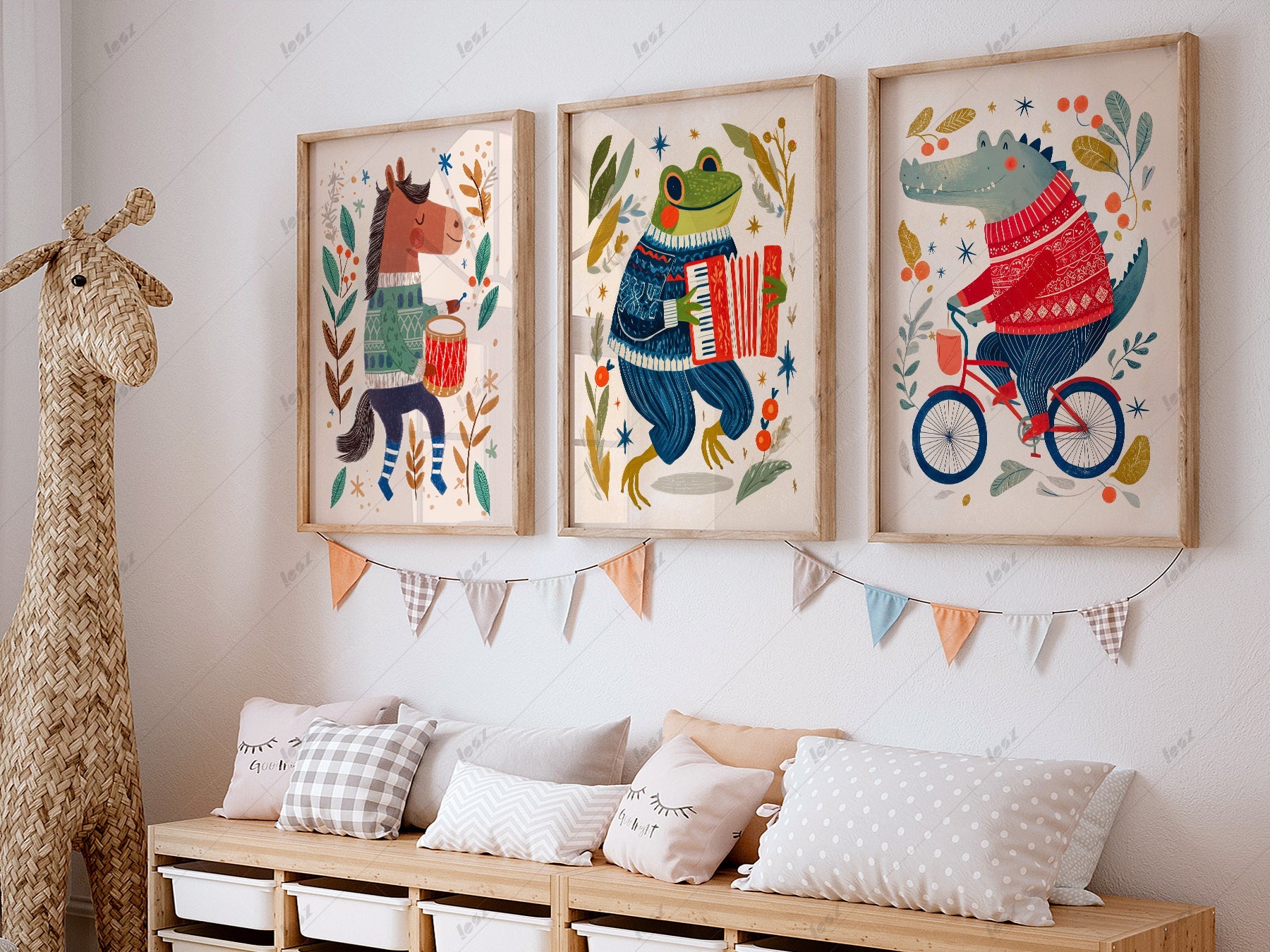 Whimsical Animal Nursery Art Set of 3 – Folk Style Kids Wall Decor Prints