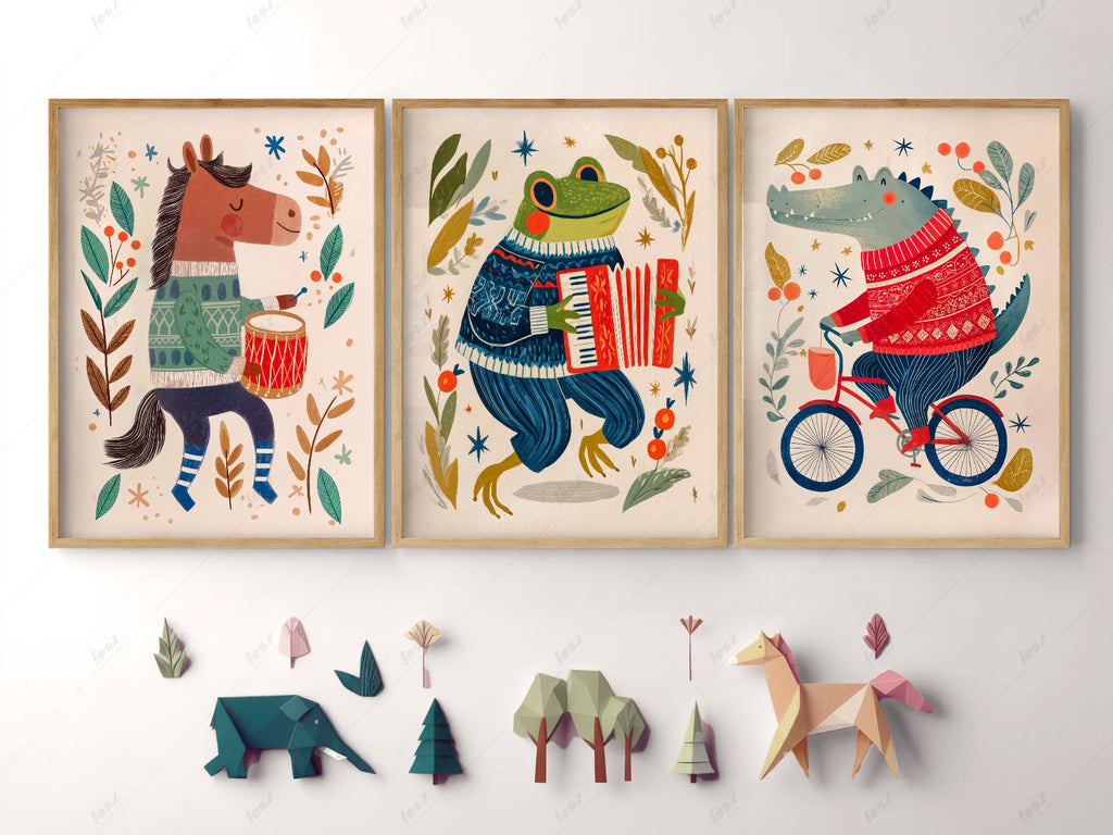 Whimsical Animal Nursery Art Set of 3 – Folk Style Kids Wall Decor Prints