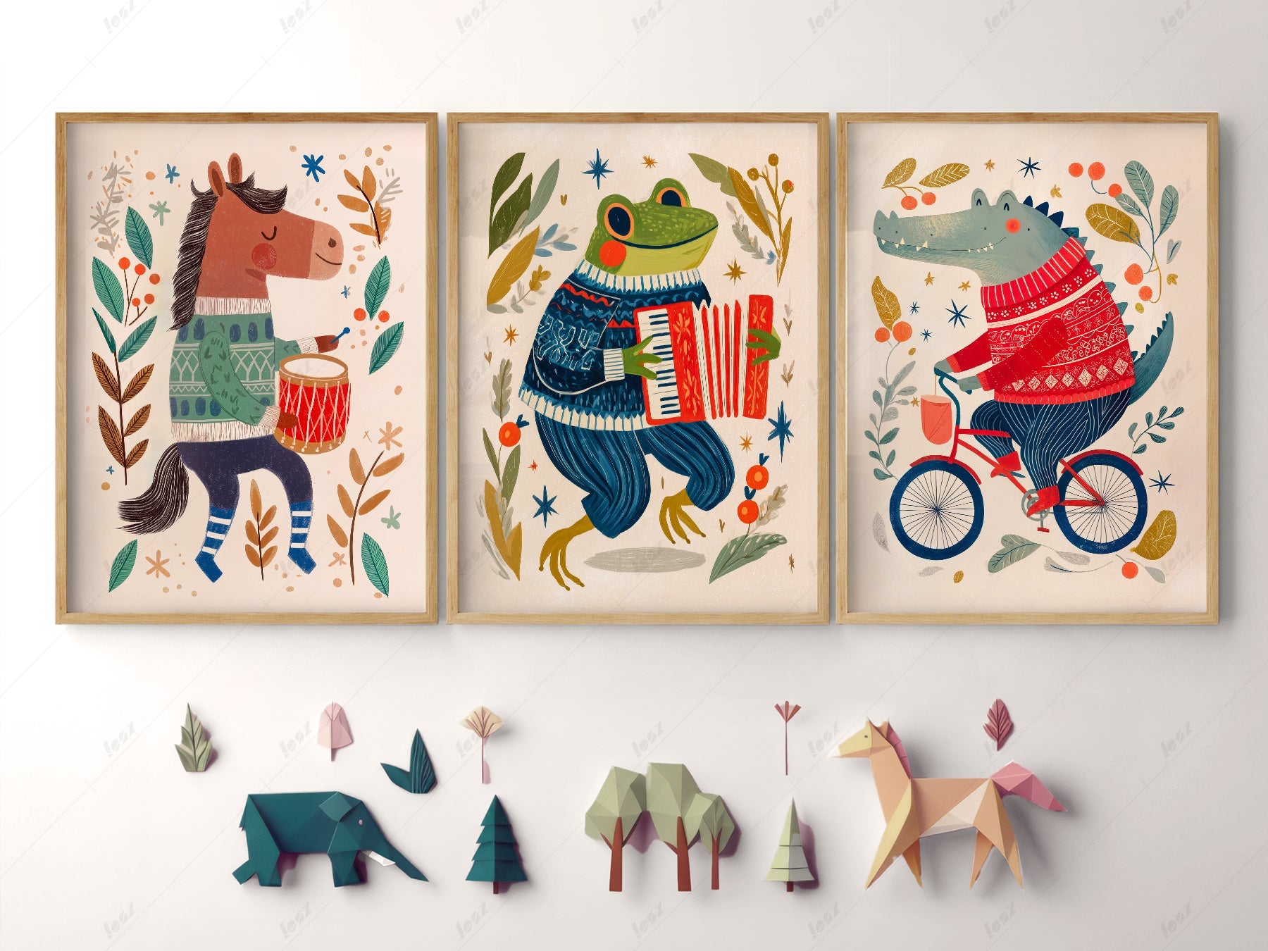 Whimsical Animal Nursery Art Set of 3 – Folk Style Kids Wall Decor Prints
