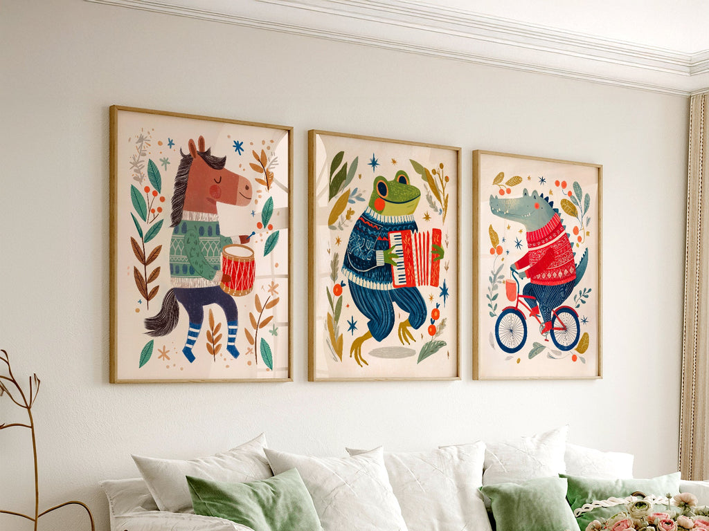 Whimsical Animal Nursery Art Set of 3 – Folk Style Kids Wall Decor Prints