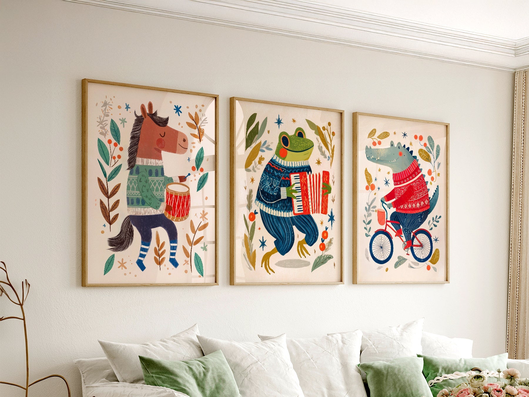 Whimsical Animal Nursery Art Set of 3 – Folk Style Kids Wall Decor Prints