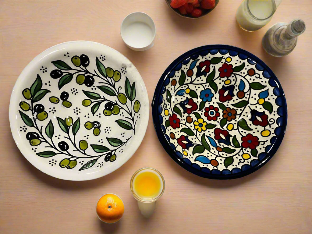 Handcrafted Ceramic Serving Bowl – 7.5 Inch Soup, Soup & Salad Bowl | Olive Harmony & Garden Rose Vine Designs