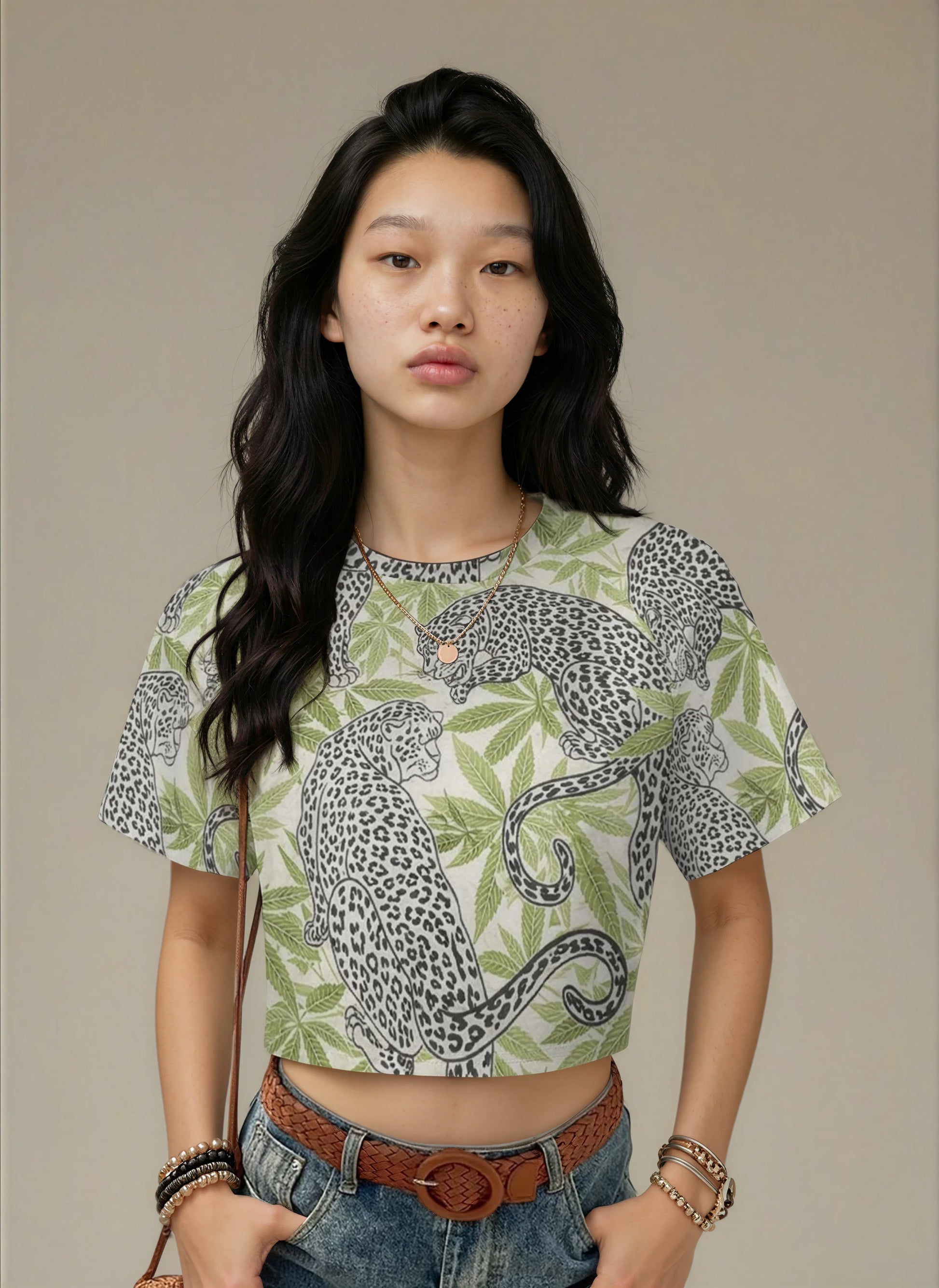 Leopard Print Cropped Ralgan T-Shirt