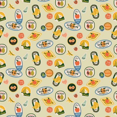 Rifle Paper Co. Orchard; Fruit Stickers - Khaki, 1/4 yard