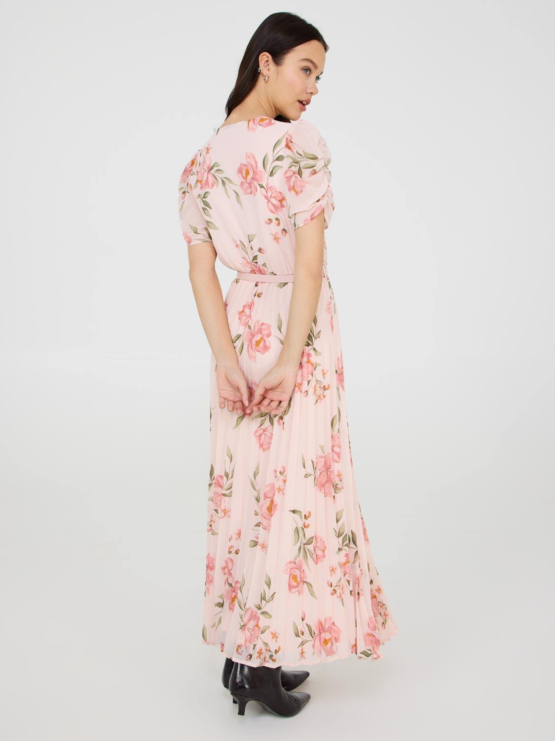 Robe midi plissée à col en V imprimée