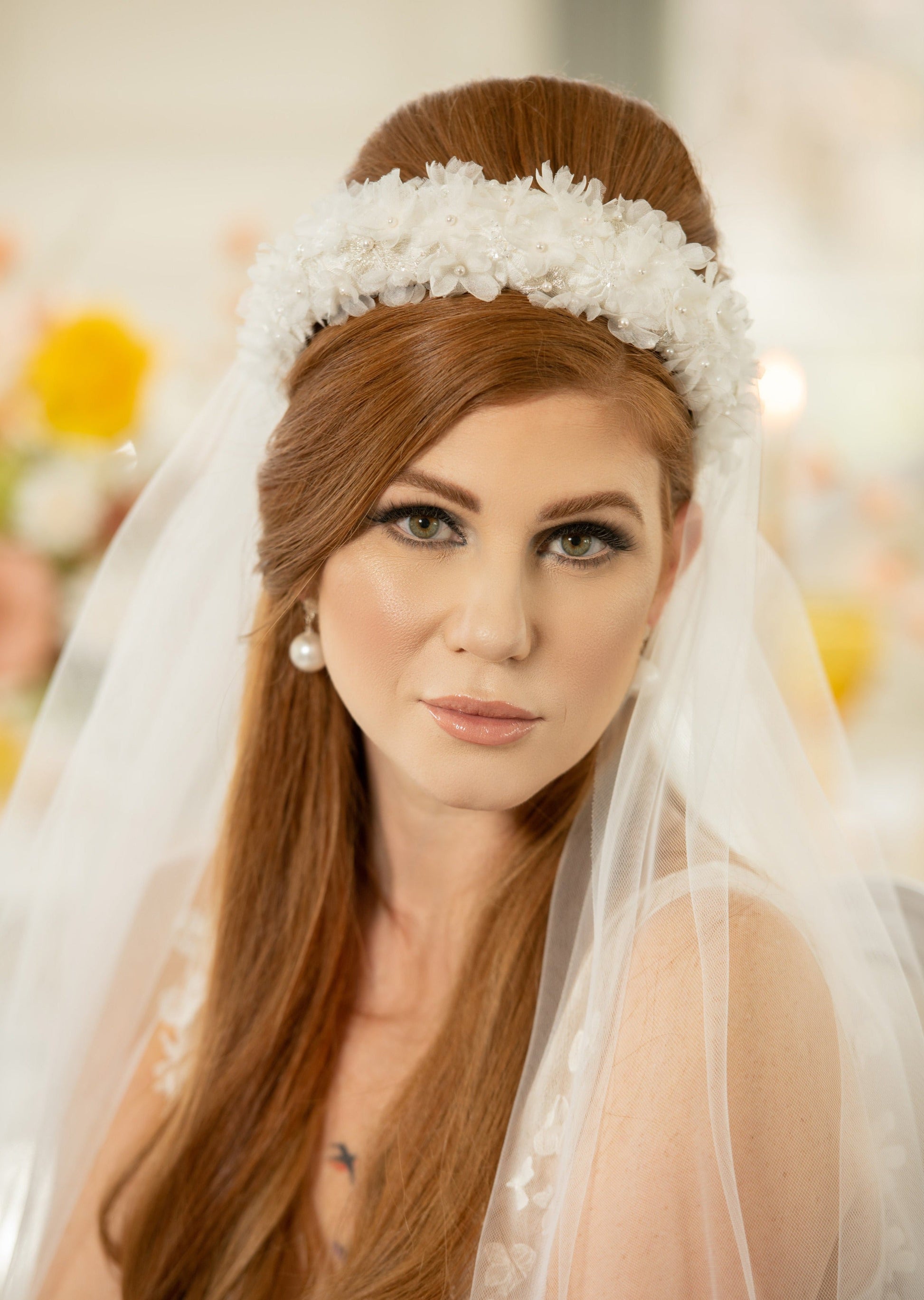 JASMINE Padded Lace Headband with Silk Flowers