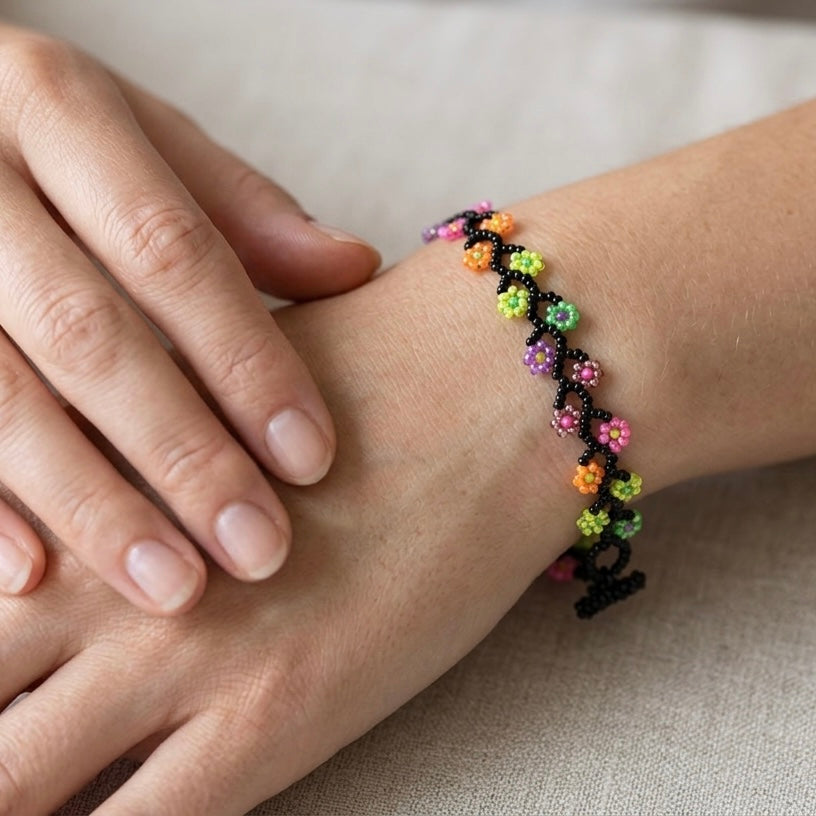 Handcrafted Floral Bracelet Black