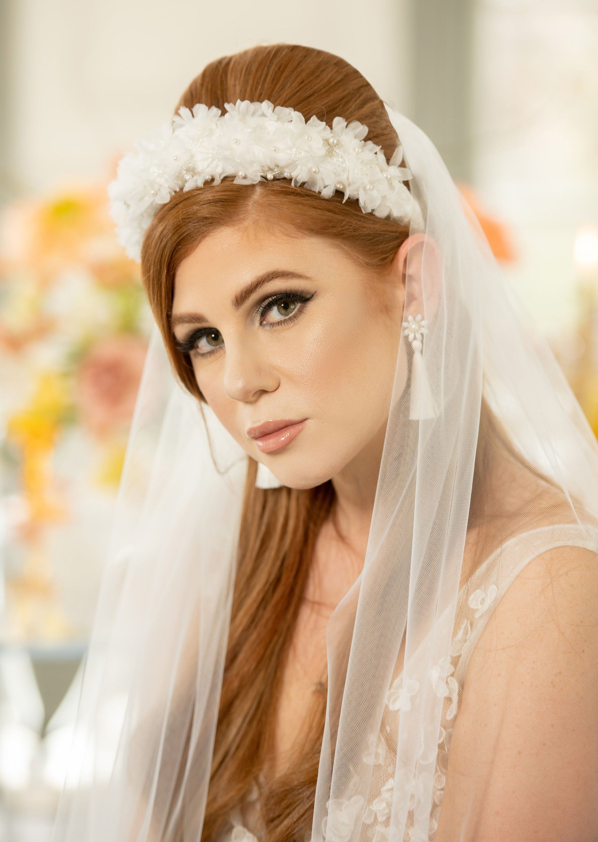 JASMINE Padded Lace Headband with Silk Flowers